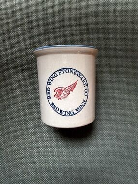 Red Wing White & Blue Ceramic Mini Crock 8 oz with Red Logo